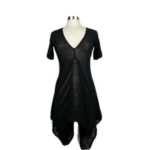 Skifo Dress Womens Black Knit Short Sleeve V Neck Tunic Asymmetrical Lagenlook